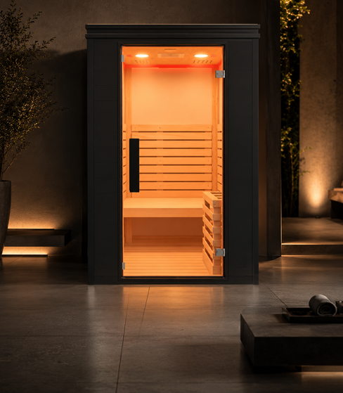 Modern infrared sauna with warm interior glow