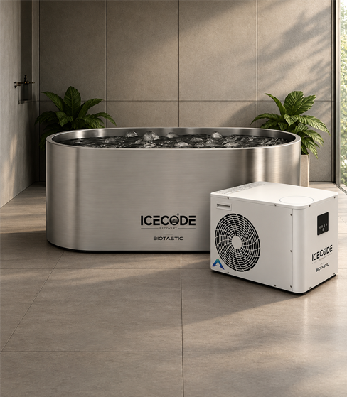 ICECODE stainless steel cold plunge with chiller unit by Biotastic