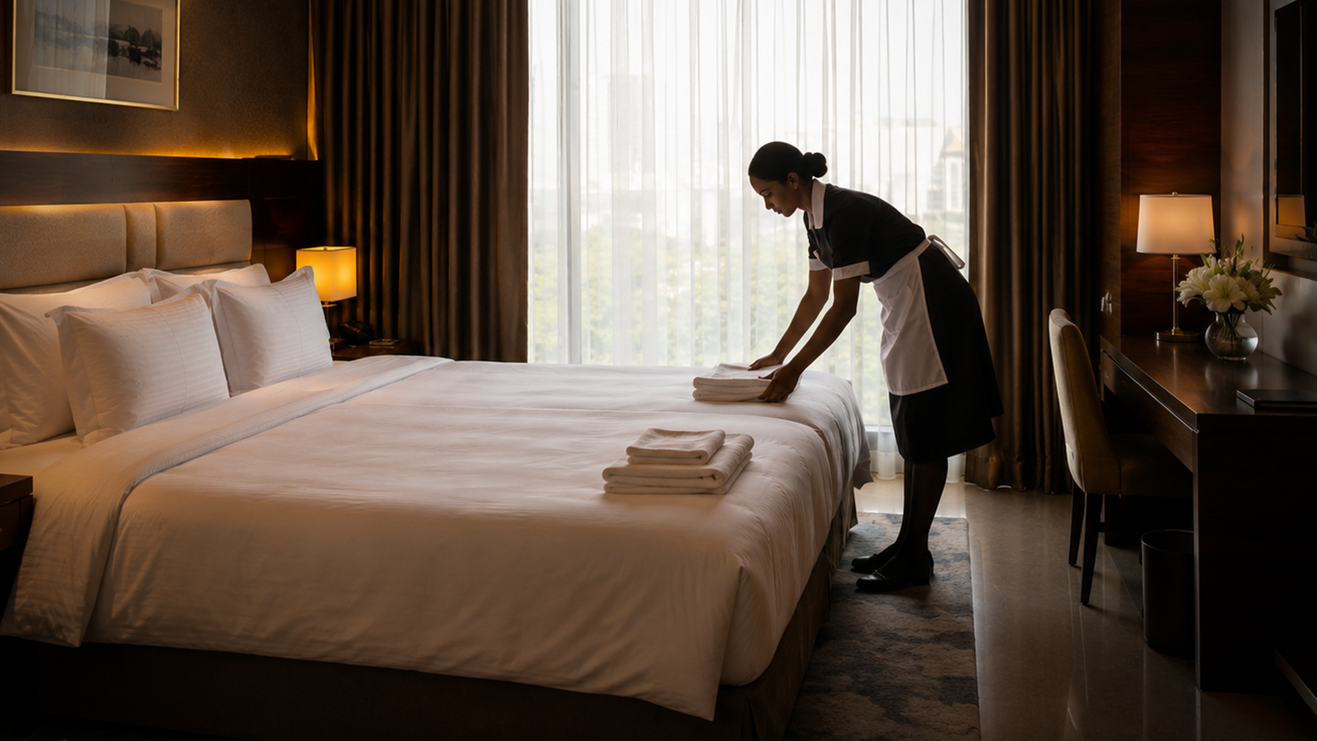 Housekeeping preparing a luxury hotel suite
