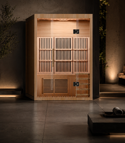 Modern infrared sauna with warm interior glow